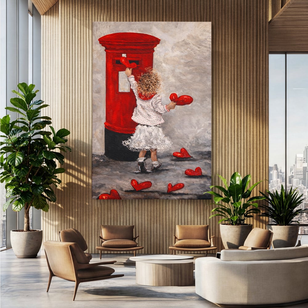 Tablou canvas cu pictura cu fetita si cutie postala, fara rama, pe sasiu de lemn, pe perete intr-un birou